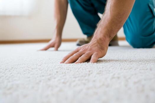 Professional carpet installer measuring and analyzing plush carpet for a perfect fit in a modern living room photo