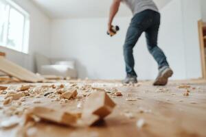 Renovation process in a home with a worker utilizing a cordless drill on a wooden floor photo