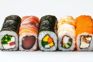 Various types of sushi rolls displayed on a neutral background showcasing colorful ingredients and textures photo