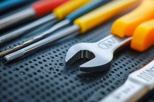 Variety of hand tools arranged on a textured surface in a bright workshop environment photo