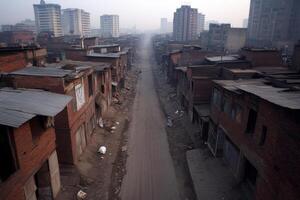 Urban poverty depicted in a dilapidated neighborhood with empty streets and crumbling buildings during early morning photo