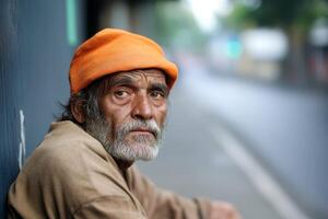 Man with an orange beanie sits alone on the street, reflecting on his surroundings during the day photo