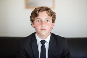 Young boy in formal suit sitting on a couch with a serious expression in a well-lit room photo