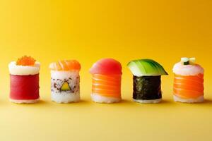 Colorful sushi rolls arranged in a row against a bright yellow background showcasing a variety of flavors and ingredients photo