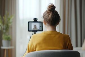 Person recording a call while sitting in a cozy room with natural light and indoor plants in the background photo