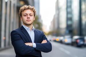 Young professional stands confidently on city street, showcasing modern architecture and urban life during daytime photo