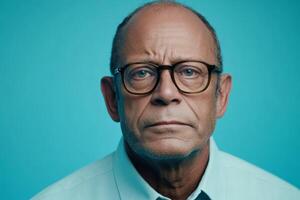 Mature man with glasses displays serious expression against turquoise background in studio setting photo