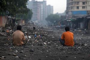 Men sitting in a polluted urban environment reflecting on their surroundings in the early morning light photo