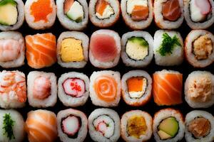 Colorful assortment of sushi rolls displayed beautifully on a black surface in a Japanese restaurant setting photo