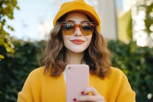 Young woman enjoys sunny day outside while taking a selfie with phone in fashionable outfit and stylish accessories photo