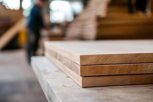 Wooden boards stacked on a table in a workshop with craftsman working in the background photo