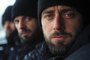 Group of men in dark clothing with serious expressions inside a vehicle during cold weather photo