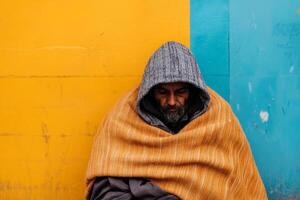 Man wrapped in a blanket resting against a brightly colored wall during a cool afternoon photo