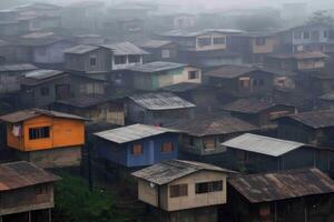 Dense fog envelops colorful shanty homes in a vibrant urban settlement at dawn photo