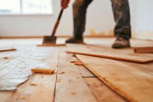 Worker installing wooden flooring in a home renovation project during daylight hours in a bright interior space photo
