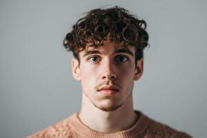 Young man with curly hair and focused expression in neutral setting during indoor session photo