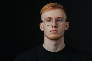 Young man with glasses poses against a dark background in a minimalist style photo