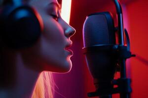 Recording artist sings passionately in a vibrant studio setting filled with colored lights photo