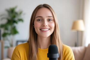 Woman smiling while speaking into a microphone at home during daytime in a bright and cozy living room photo