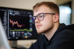 Young man analyzing stock market trends on computer while studying financial data during evening hours photo
