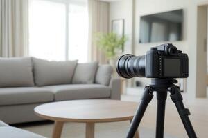 Camera set up on tripod capturing a cozy living room with modern decor in bright lighting photo
