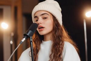 Young woman singing into a microphone in a studio environment at night photo