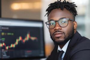 Professional man analyzing stock market trends with financial data on screen in modern office setting photo