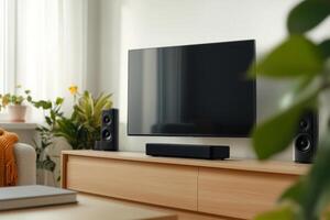 Cozy living room with modern technology and vibrant indoor plants during the day photo