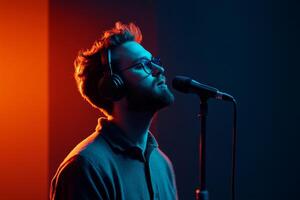Musician performing under colorful lights in a studio setting during a recording session photo
