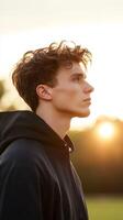 Youth in casual attire gazes towards the sunset in a serene outdoor setting during golden hour photo