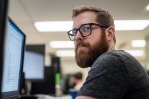 Professional male working at computer in modern office environment during daytime photo