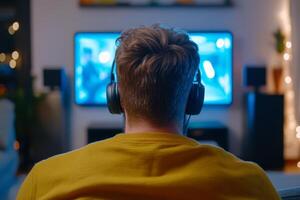 Person watching television while wearing headphones in a modern living room photo