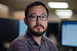 Professional man with glasses and beard focused at his workspace in a modern office setting during the day photo