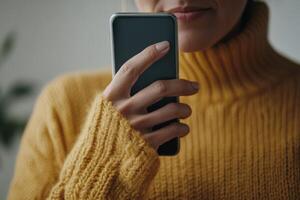Woman holding smartphone while wearing a cozy yellow sweater indoors during a relaxed moment photo
