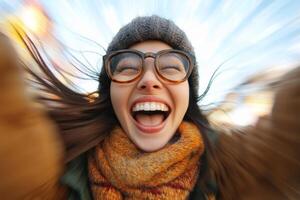 Enthusiastic woman enjoying a vibrant moment outdoors during a sunny day in a festive atmosphere photo