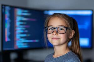 Young girl coding at home with dual monitors displaying programming code in a cozy environment photo