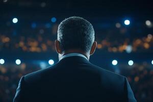 Speaker addresses large audience at nighttime event in an arena filled with bright lights and eager attendees photo
