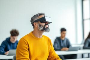 Man engages in virtual reality learning while seated among students in a modern classroom setting photo