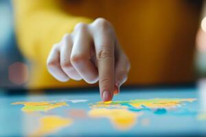Interactive exploration of a world map with a finger pointing to a location photo