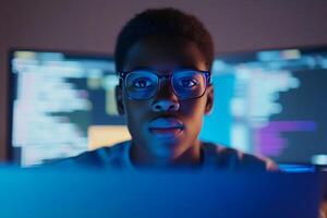 Focused young programmer coding in a dimly lit room with multiple screens displaying code and digital workflows photo