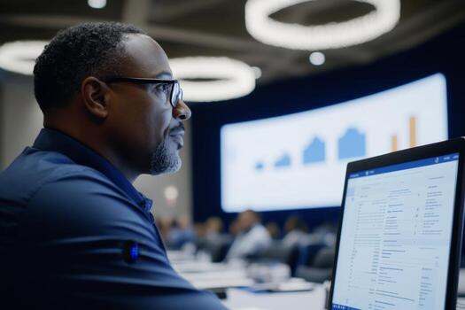 Professional man engaged in data analysis during a conference presentation in a modern venue photo