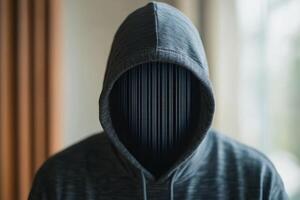 Internet scammer hacker concept . Mysterious figure in a hooded sweater with a digital face in a softly lit indoor setting photo