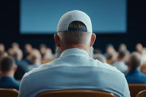 Individual wearing a cap attending a seminar in a conference hall with an audience present in the background photo