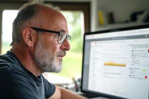 Senior man focused on work at computer in a bright home office photo