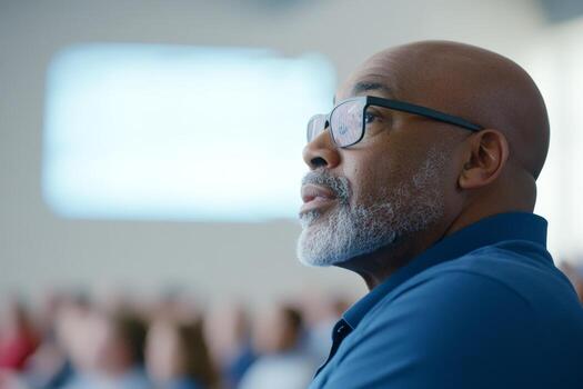 A man with glasses and a beard attentively listens to a speaker, showing interest in the topic being discussed. photo