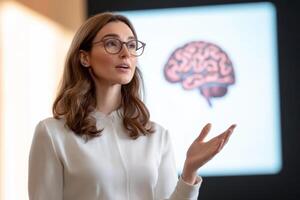 Engaging presentation on neuroscience concepts by an expert in a modern classroom setting during daylight hours photo