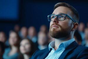 Attentive audience member observing a presentation at a conference with engaged participants in the background photo