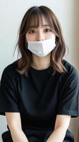 Woman wearing a facial mask sitting indoors in a casual black shirt with soft lighting and a neutral background photo
