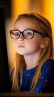 Young girl with glasses focuses intently on computer screen in warm, softly lit environment photo