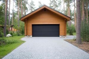 Spacious wooden garage surrounded by trees in a serene forest setting photo